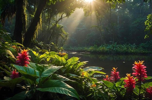 PSD sunlit amazon rainforest bursts with vibrant flora