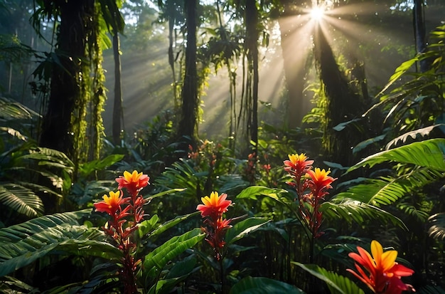 PSD sunlit amazon rainforest bursts with vibrant flora