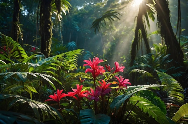 PSD sunlit amazon rainforest bursts with vibrant flora