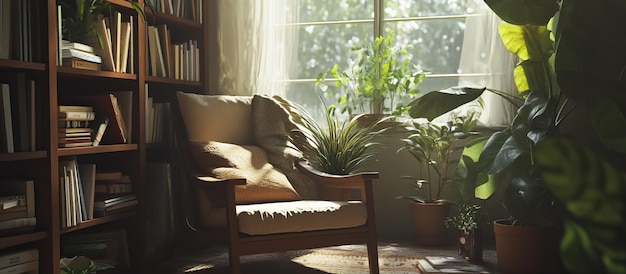 PSD sunlit reading nook with armchair and plants