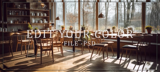 PSD sunny cafe interior with wooden tables and chairs