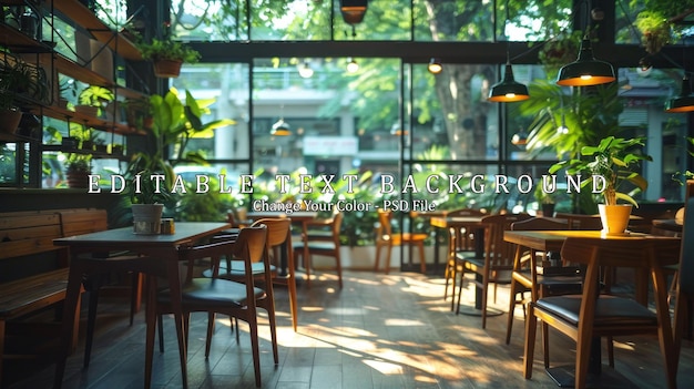 PSD sunny cafe interior with wooden tables and chairs