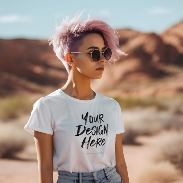 Sunny Day Vibes PSD Mockup Featuring a Gorgeous Female with Pink Hair Wearing a White TShirt