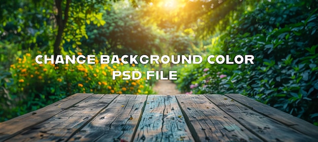 PSD sunny garden pathway with wooden table surface in the foreground