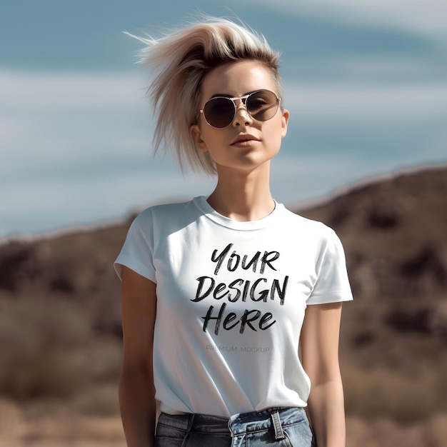 Sunny Outdoor White TShirt PSD Mockup with a Youthful Short Blonde Hair Female Model