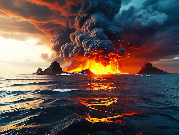 a sunset over the ocean with a volcano in the background