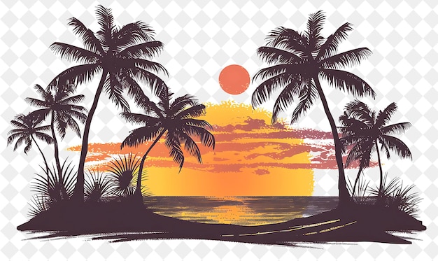 a sunset with palm trees and a sunset on the beach