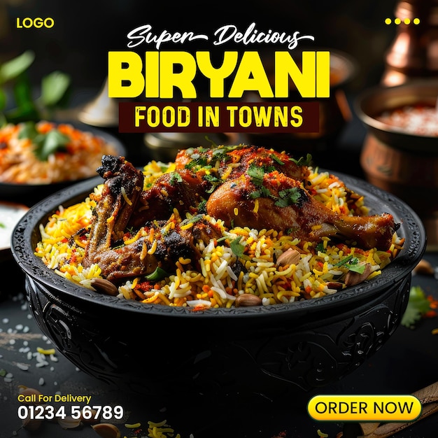 PSD super delicious biryani food banner and restaurant social media banner or instagram post template de