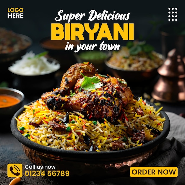 super delicious biryani food banner and restaurant social media banner or Instagram post template de