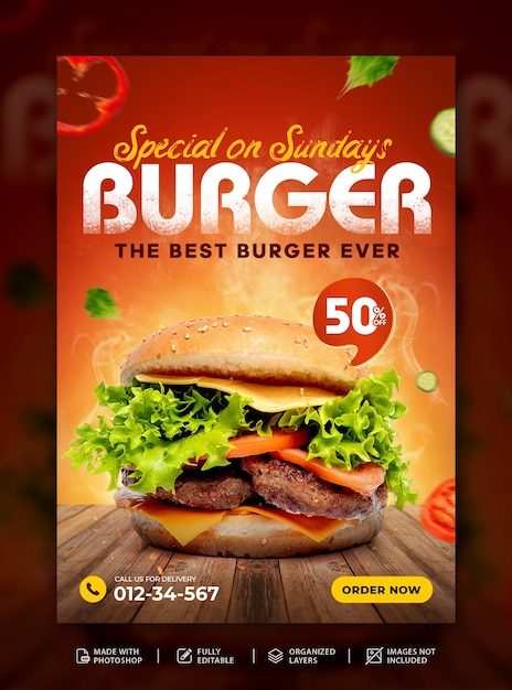 Super Delicious burger fast food flyer ad promotion poster template PSD