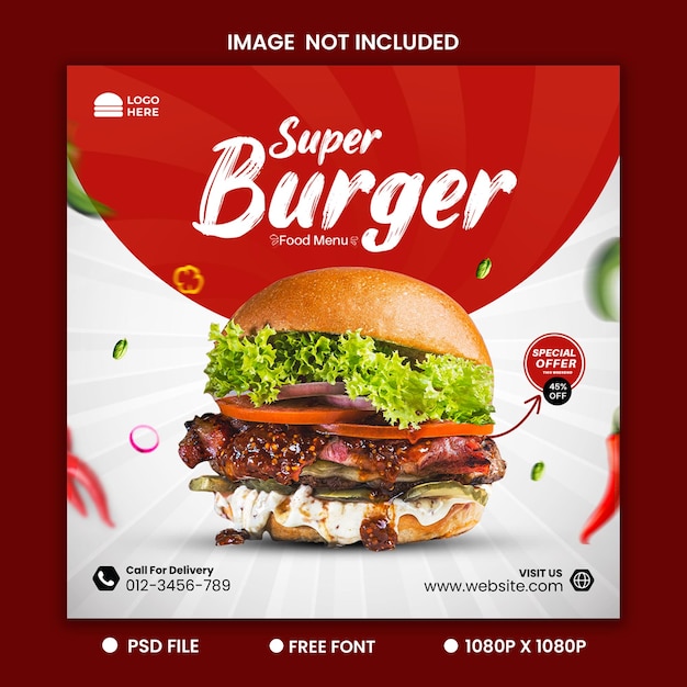 Super Delicious Burger food Social Media Instagram post design Premium Psd