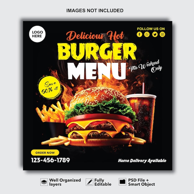 Super delicious burger Instagram post Facebook post design template