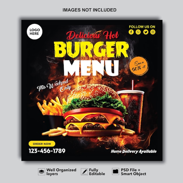 Super delicious burger Instagram post Facebook post design template