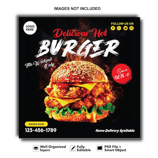 Super delicious burger Instagram post Facebook post design template