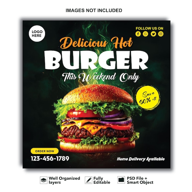 Super delicious burger Instagram post Facebook post design template