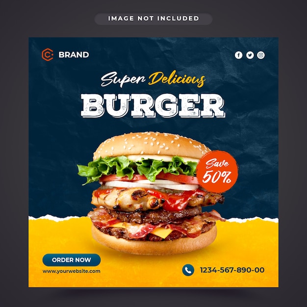 Super delicious burger promotional food Instagram banner or social media post template