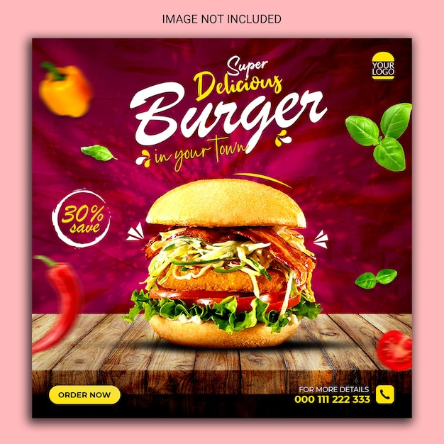 super delicious burger social media post banner template design.