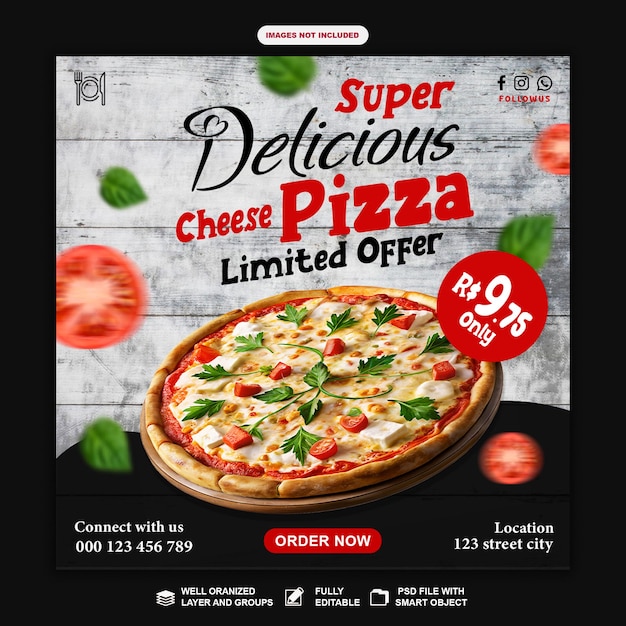 PSD super delicious chesse pizza social media instagram banner post template