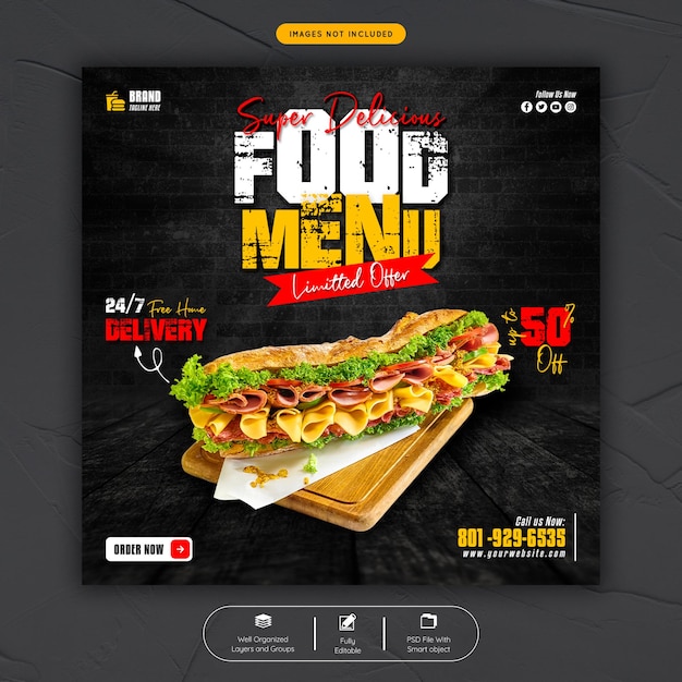 Super delicious food menu social media banner post template