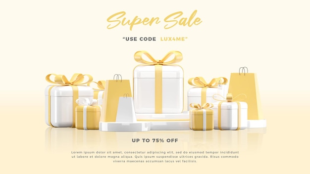 Super sale image with white gift box minimalis background