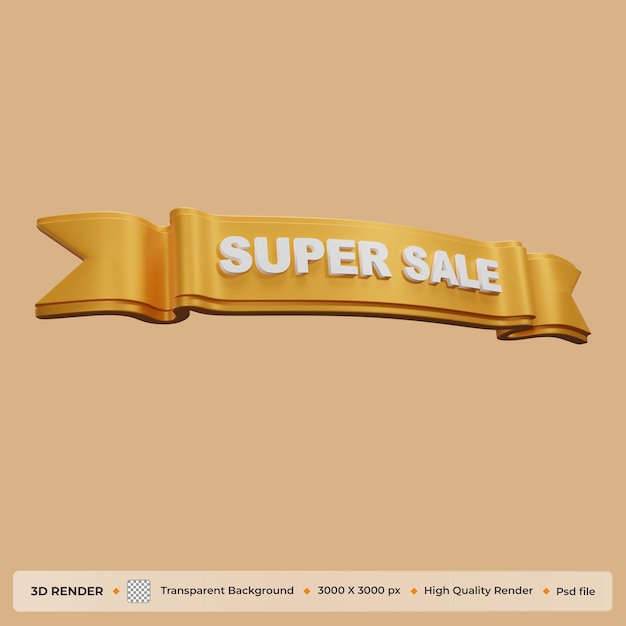 Super sale promotion with gold ribbon 3d render illustration