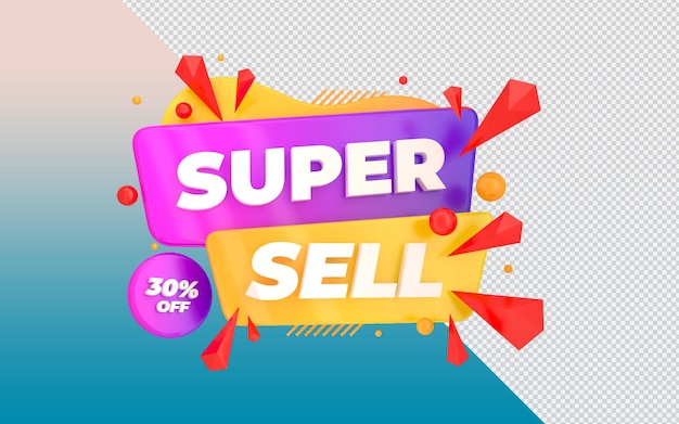 Super sell price tag 3d render red purple yellow with isolated background