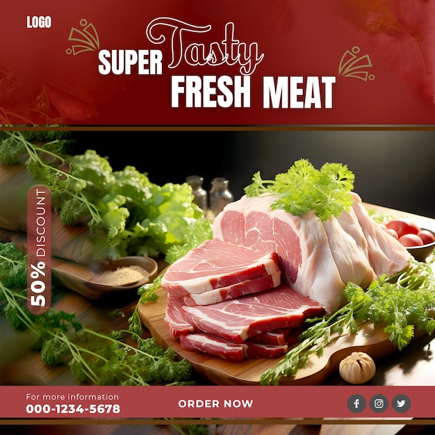 PSD superior fresh raw meat social media post and restaurant advertisement ai generated template