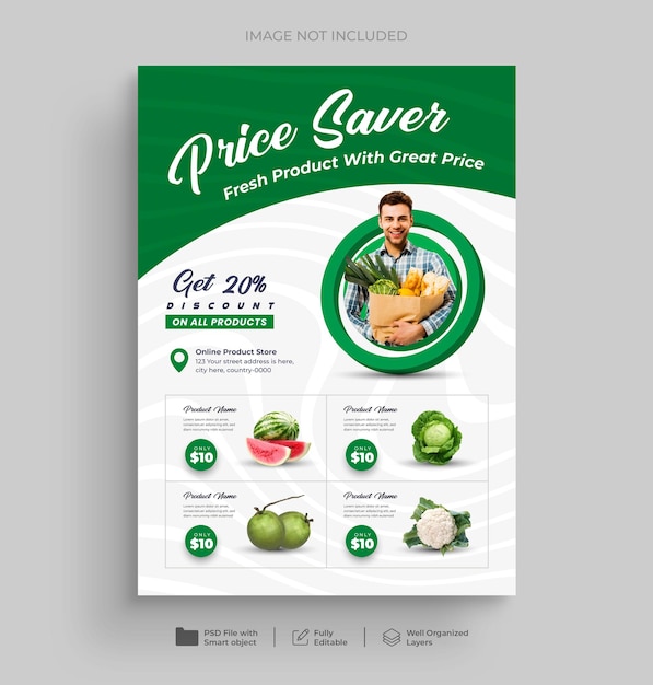 Supermarket product sale catalog flyer template grocery product list flyer banner design