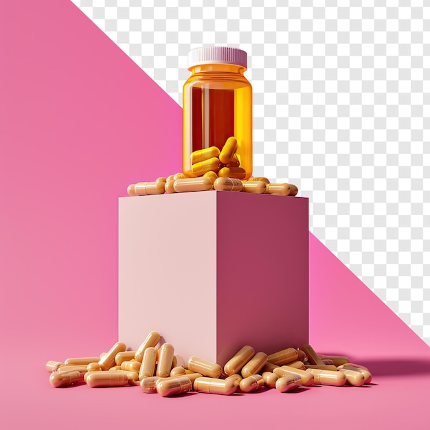 Supplements Podium Display with Scattered Jars Pink Background