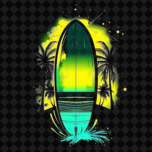 PSD a surfboard with palm trees on the bottom and a yellow and green background