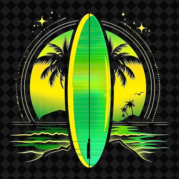 PSD a surfboard with palm trees on it and a picture of a palm tree on the bottom