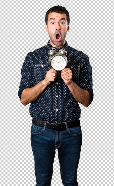 PSD surprised brunette man holding vintage clock