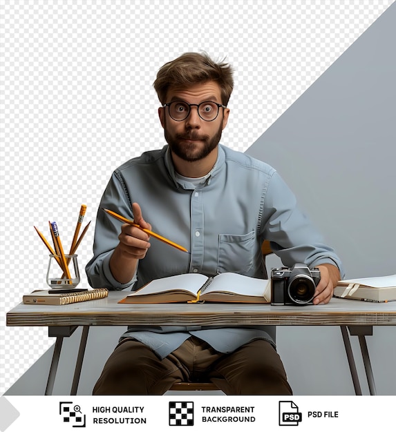 PSD a surprised man holding a pencil and a camera with a transparent background