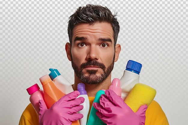 PSD surprised man with colorful cleaning supplies and gloves