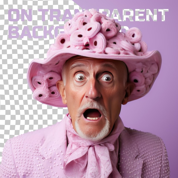 PSD a surprised senior man with short hair from the nordic ethnicity dressed in making jewelry attire poses in a gaze through a prop like a hat style against a pastel lilac background