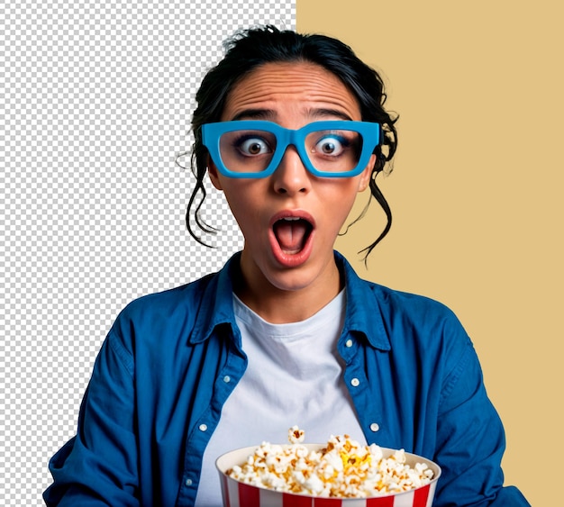 PSD surprised woman watching a movie with a popcorn open mouth