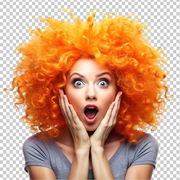 PSD surprised woman with big an orange hair on transparent background