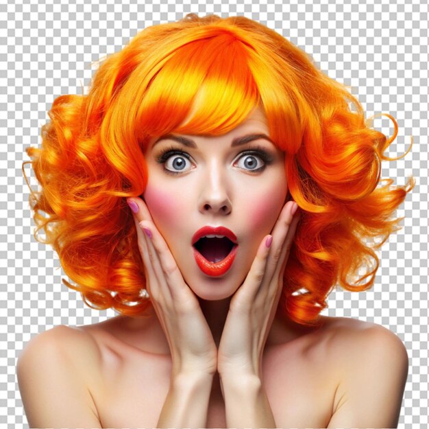 PSD surprised woman with big an orange hair on transparent background