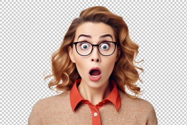 PSD surprised woman with glasses and curly hair isolated on transparent background