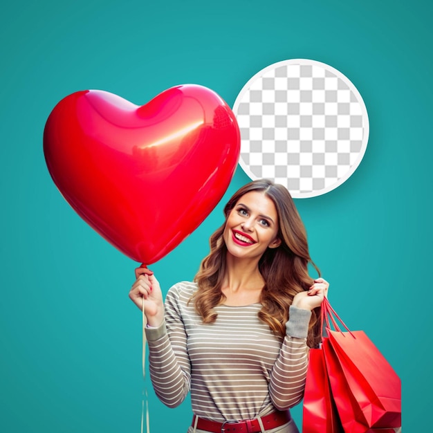 surprised young woman in a sweater holds packages for shopping and a heart air balloon