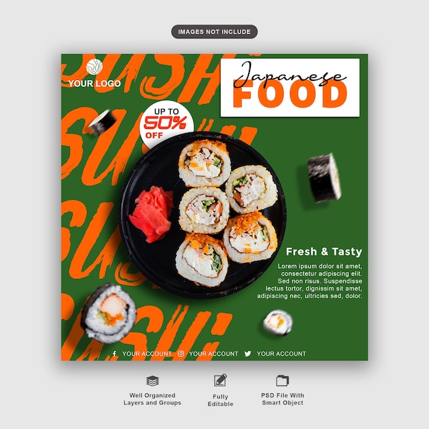 Sushi roll social media post template for japanese cuisine