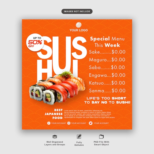 Sushi Salmon Social Media Post Tamplate for Japanese Food