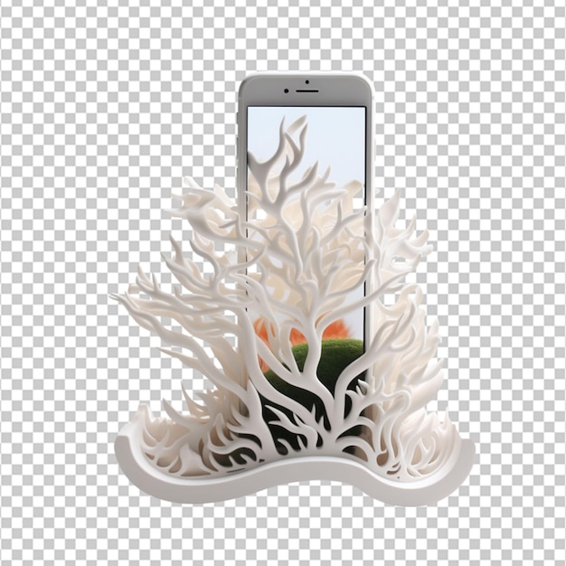 A sustainable 3Dprinted smartphone stand with natureinspired designs on white background