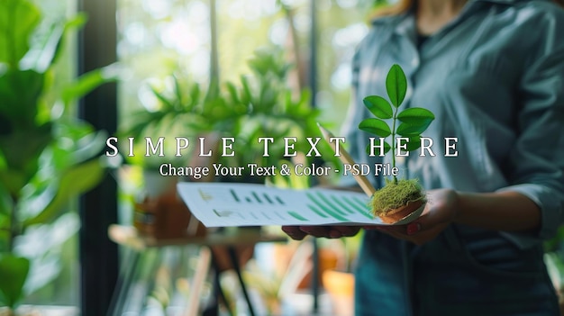 PSD sustainable growth woman holding a small plant and a graph