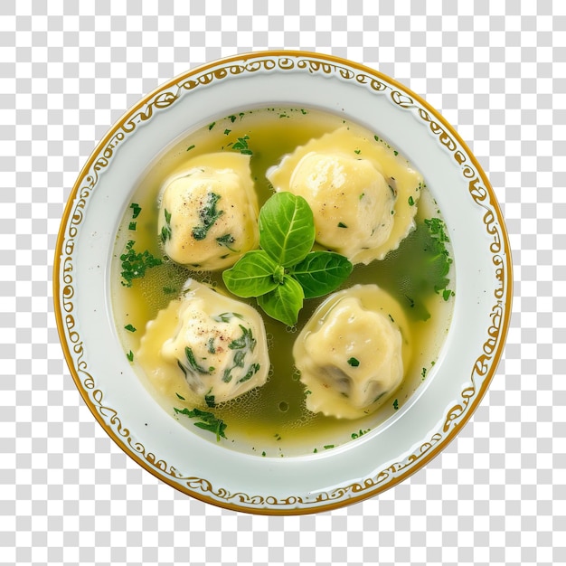 PSD swabian dumplings filled with spinach and meat served in a flavorful broth isolated on transparent