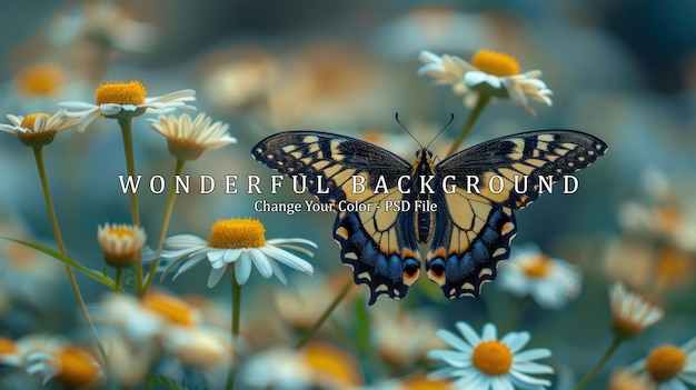 PSD swallowtail butterfly amidst a field of daisies