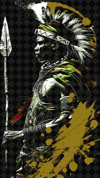 PSD swazi venda warrior portrait with feather headdress and anim png illustration character designs