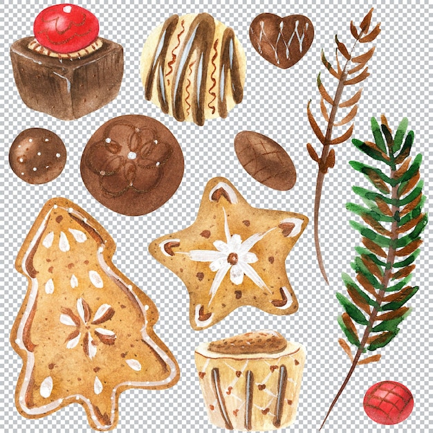 Sweet Christmas bundle with ginger cookies and candies Watercolor graphic elements layered pic