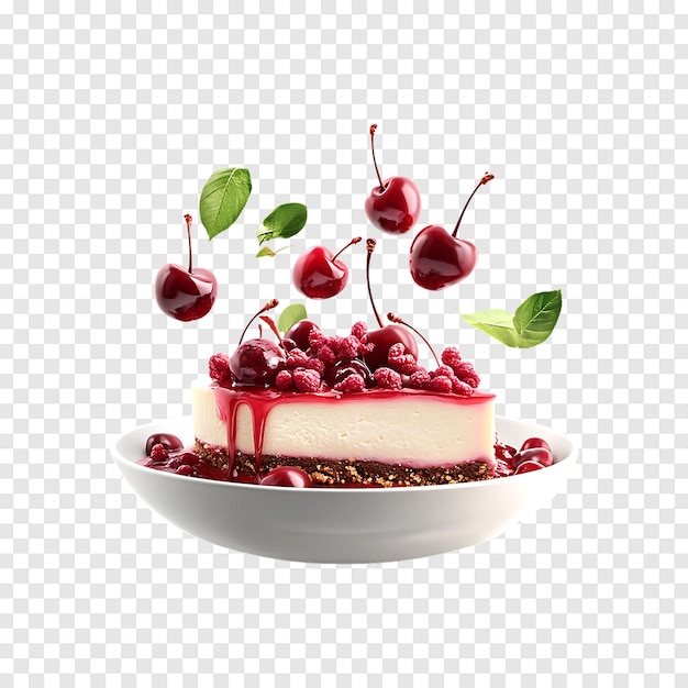 PSD sweet and creamy cheesecake with cherries isolated on a transparent background for brochures