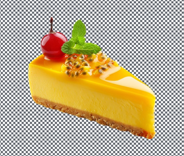 Sweet mango passionfruit cheesecake isolated on transparent background